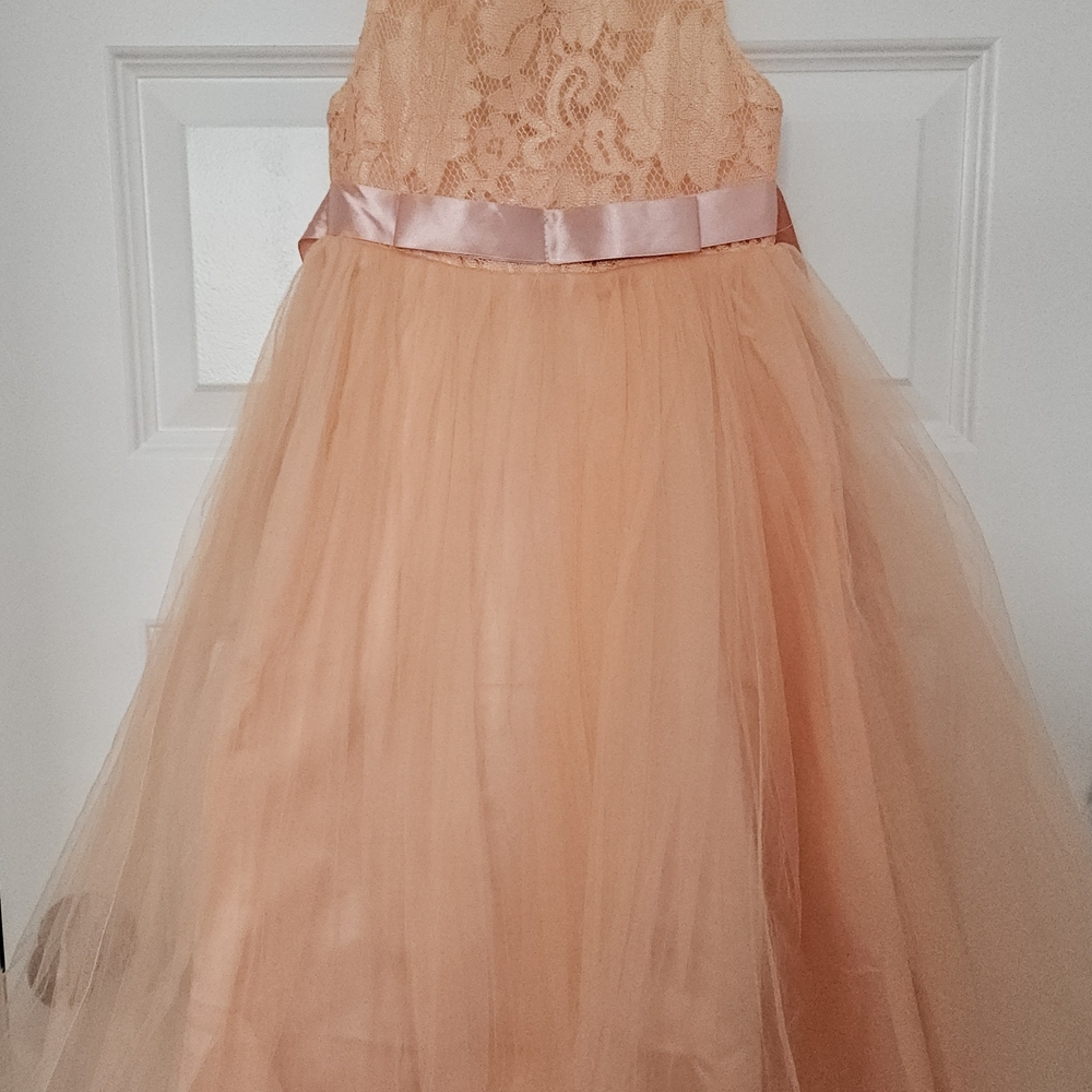 Charming Peach Lace And Tulle Kids Dress